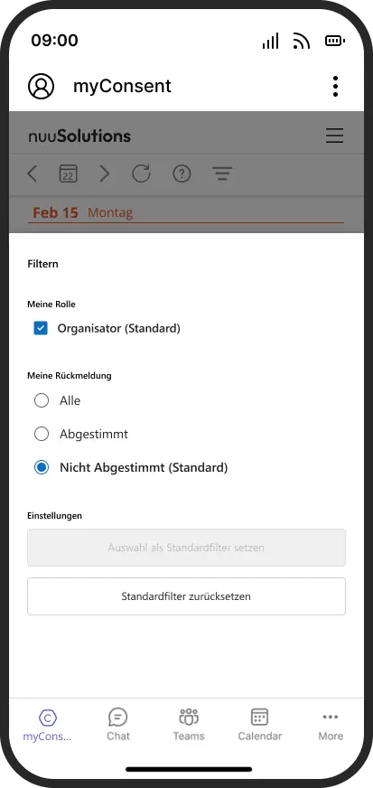 Bild zeigt die Filteroptionen von myConsent - eine App mit der man datenschutzkonform Teams Meetings aufzeichnen kann. Compliant Teams Meeting Recording with myConsent.