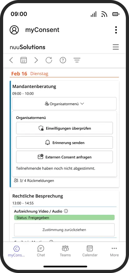 Bild zeigt das Organisatormenü von der mobile Version von myConsent - eine App mit der man datenschutzkonform Teams Meetings aufzeichnen kann. Compliant Teams Meeting Recording with myConsent.