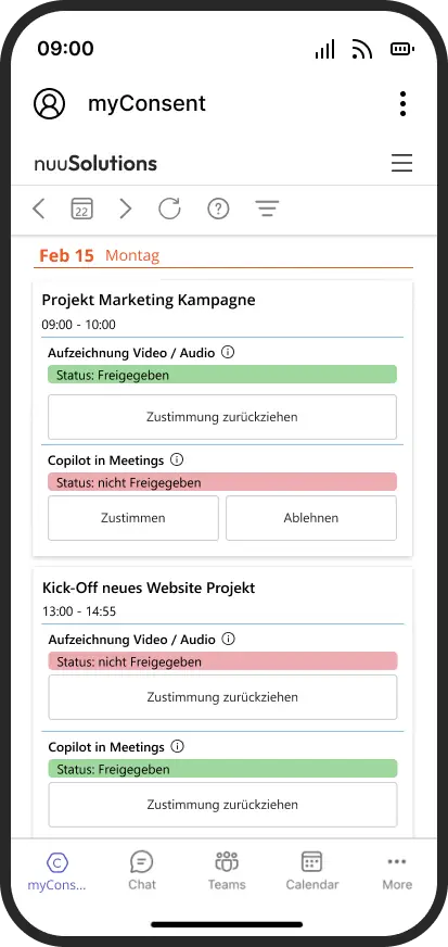 Bild zeigt die Hauptansicht von der mobile Version von myConsent - eine App mit der man datenschutzkonform Teams Meetings aufzeichnen kann. Compliant Teams Meeting Recording with myConsent.