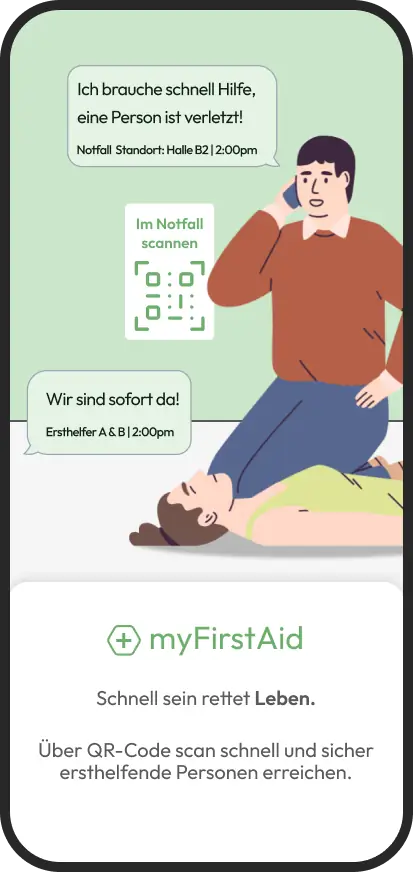 Dieses Bild zeigt wie myFirstAid funktioniert - die Ersthelfer-App für digitale Ersthelfer-Alarmierung