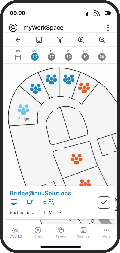 Dieses Bild stellt die Meeting-Room-Booking-Funktion von myWorkSpace dar. Die App für Desk Sharing.