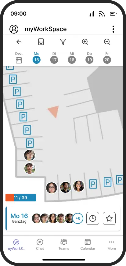 Dieses Bild stellt die Parkplatzbuchung von myWorkSpace dar. Die App für Desk Sharing.