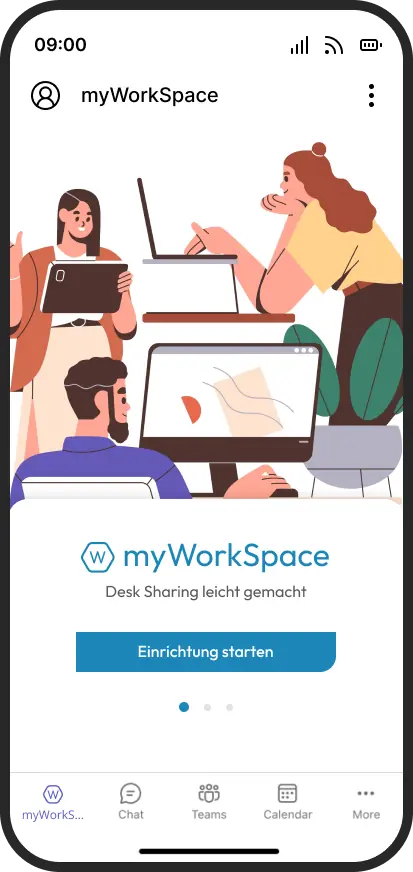 Dieses Bild stellt die Einrichtung von myWorkSpace dar. Die App für Desk Sharing.