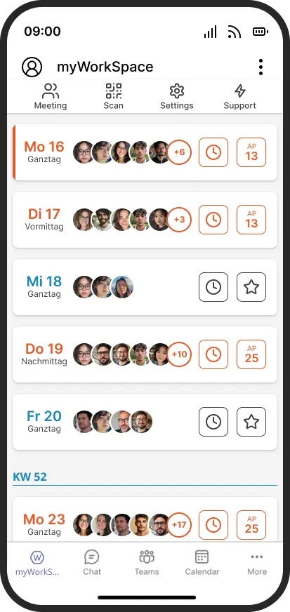 Dieses Bild stellt die Wochenansicht von myWorkSpace dar. Die App für Desk Sharing.